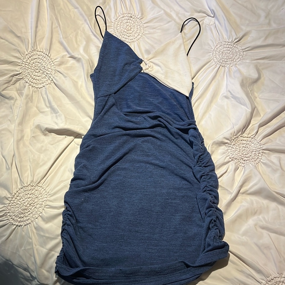 Blue white and black skinny strap dress. Cutout under boob. SHEIN size M.